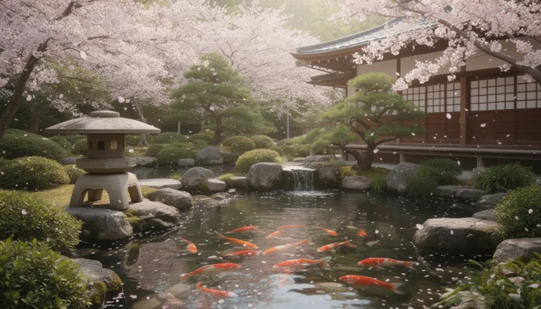 Gender neutral Japanese names with meanings shown through a serene Japanese garden with cherry blossoms