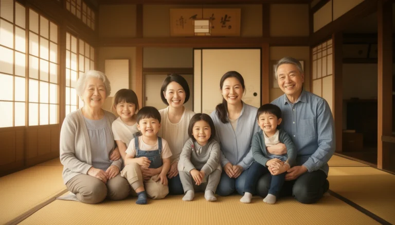 Japanese family sitting together representing traditional Japanese family names with meanings