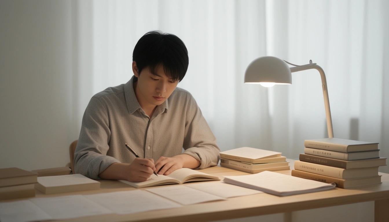 Japanese names meaning focus and productivity — Japanese student studying with intense concentration at a wooden desk