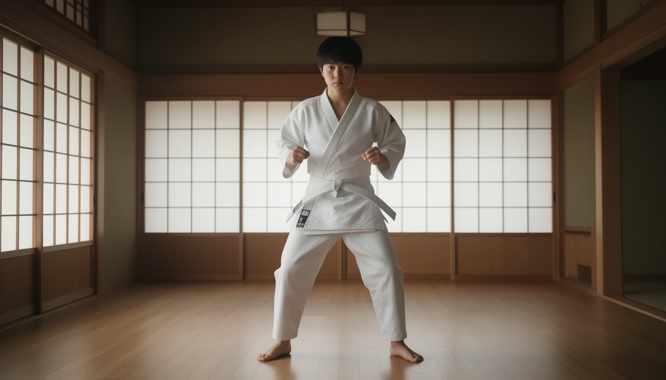 Japanese martial arts student in dojo representing perseverance and discipline in Japanese names