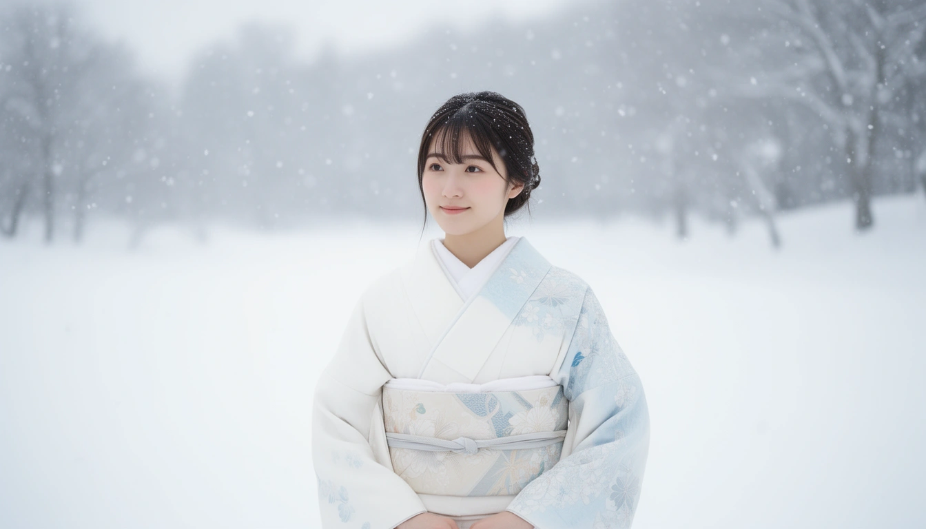Beautiful young Japanese woman in winter kimono surrounded by falling snow, representing Japanese names meaning snow