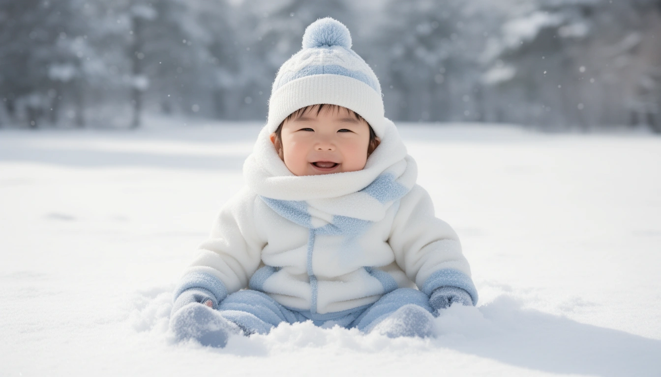 Japanese baby boy bundled in white winter clothes, sitting in fresh snow, representing Japanese boy names meaning snow