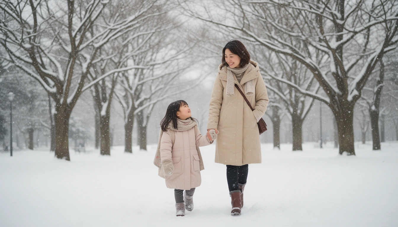 Japanese mother and daughter in winter coats walking together in snowy park, representing Japanese girl names meaning snow