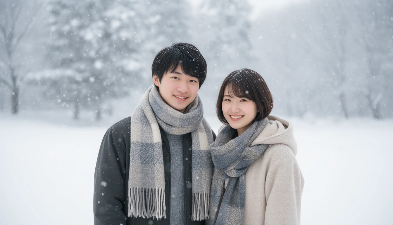 Young Japanese couple holding hands in a snowy winter scene, representing unisex Japanese snow names