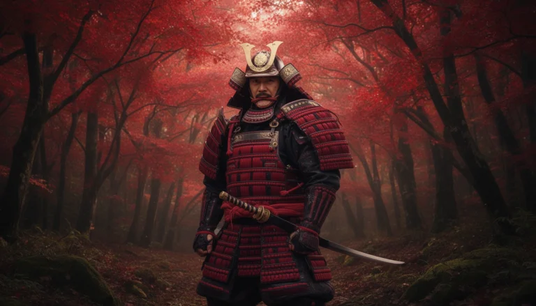 Japanese warrior in crimson armor representing Japanese names that mean blood