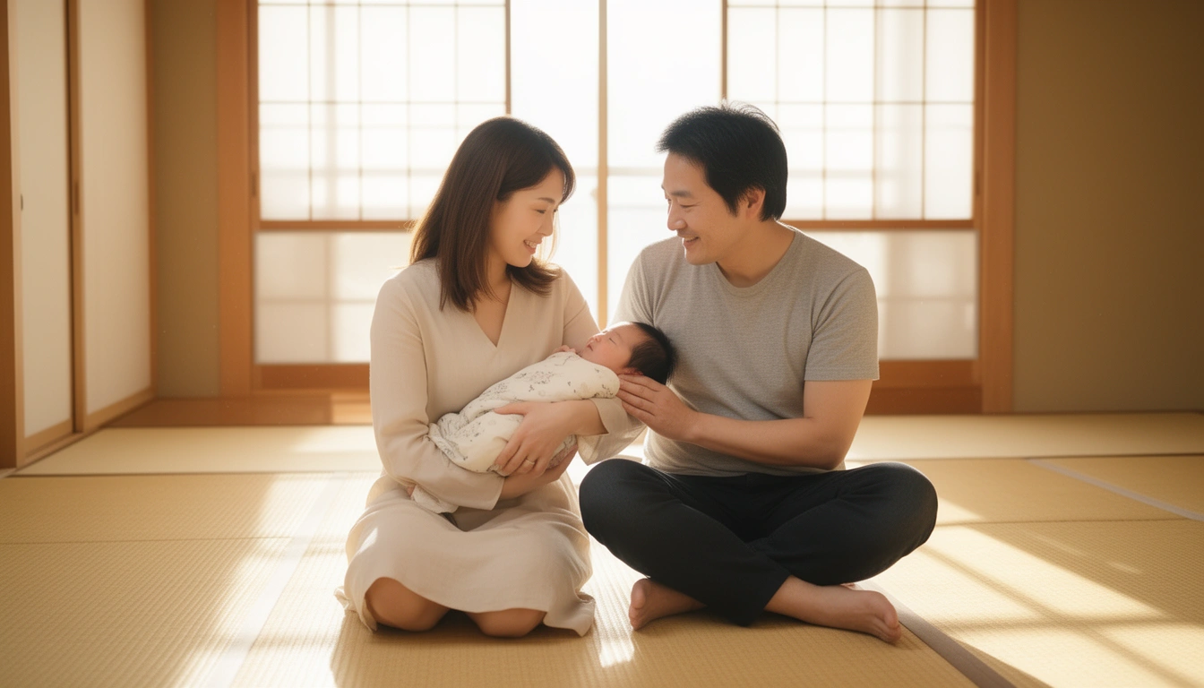Japanese family with baby representing Japanese names that start with A