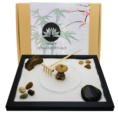 TAPBULL zen sand garden kit with wooden tray, white sand, bamboo rake and rocks