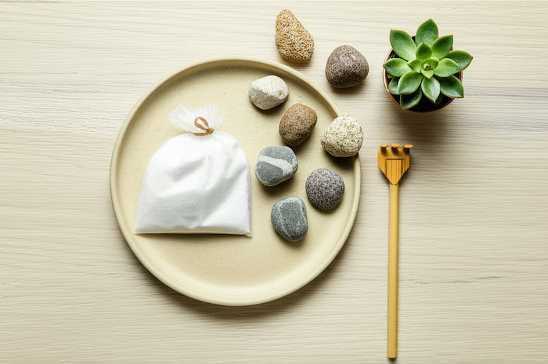 Black sand contrast mini zen garden with pale stones and bamboo rake