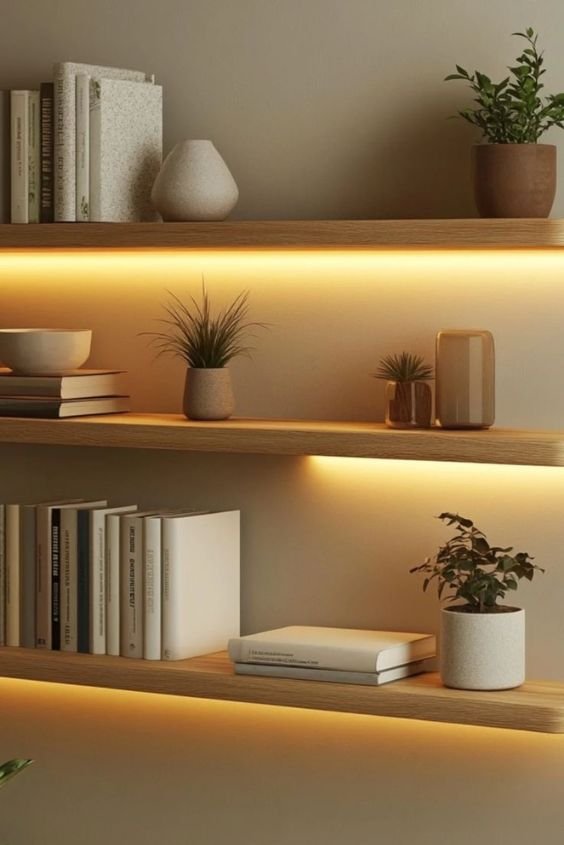 Floating wood shelves with minimal dishware in a zen-inspired kitchen