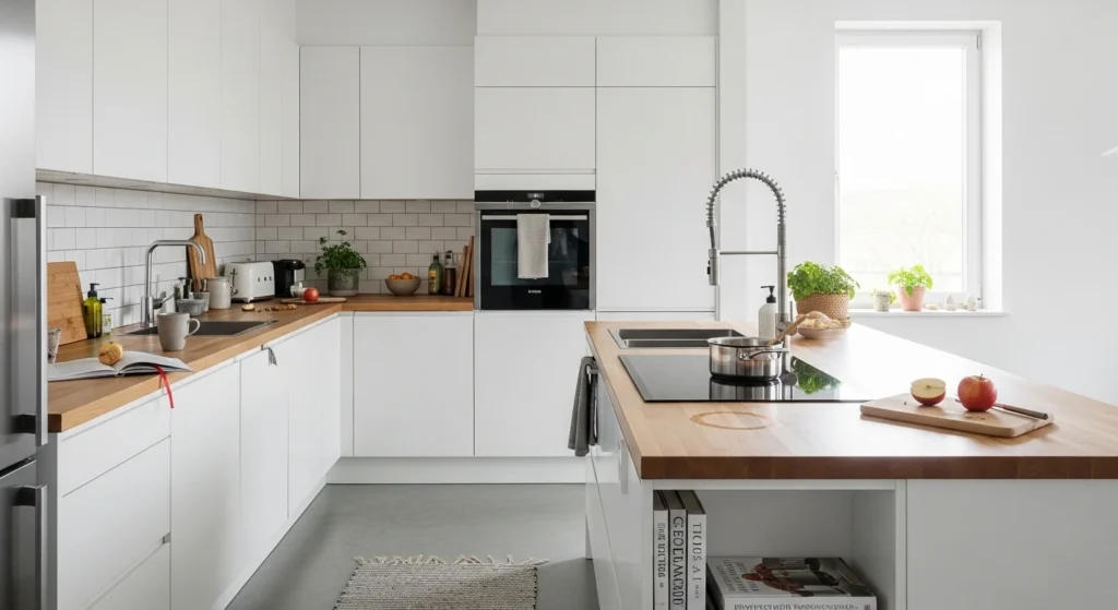 Warm under-cabinet lighting in a serene minimalist kitchen