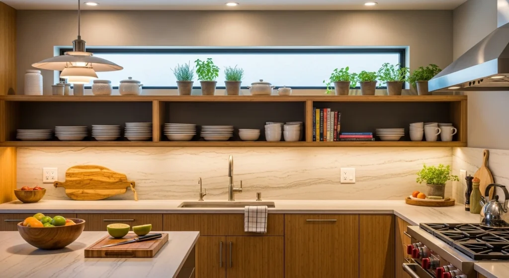Minimalist kitchen with natural light and bare windows for a zen feel