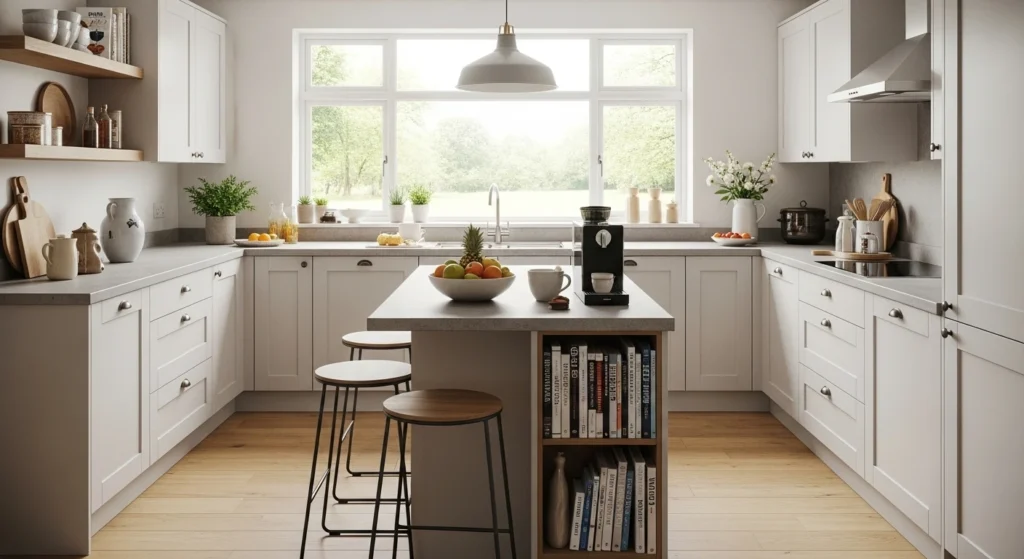 Japandi minimalist kitchen island in warm wood with a single pendant light