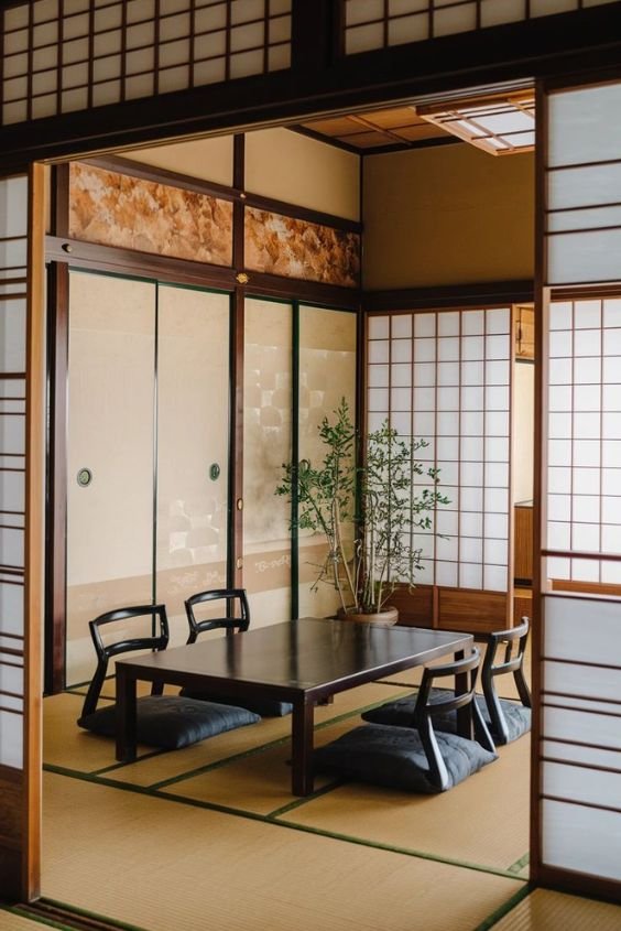 Shoji-inspired sliding pantry doors in a Japanese zen kitchen