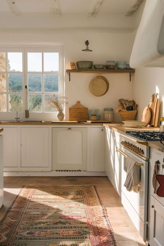 Natural linen kitchen textiles and rug in a warm minimalist kitchen