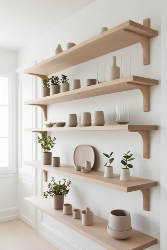 Minimalist open shelving with curated ceramics in a zen kitchen