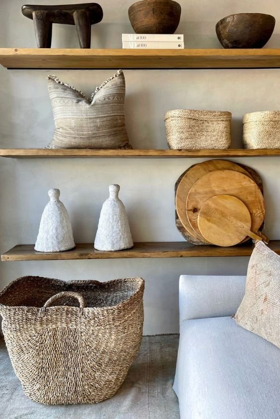 Natural rattan and seagrass baskets used for kitchen counter organization