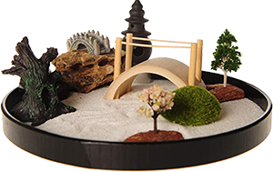 ICNBUYS zen garden with circular wooden base, sand pen, bridge and figurines