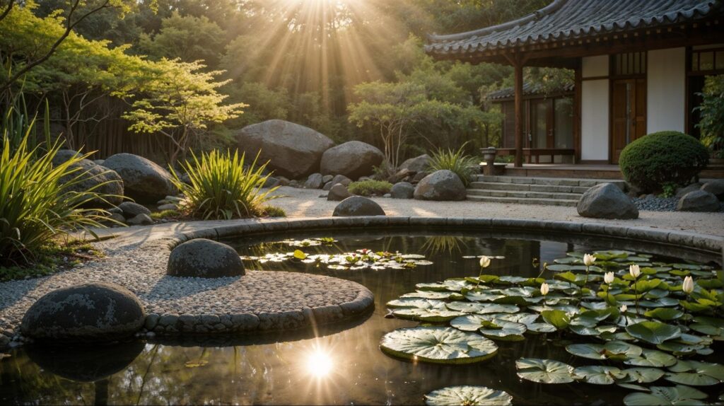Small zen garden koi pond with stone waterfall and lily pads