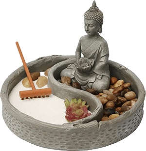 Nature's Mark mini zen garden with lotus statue as decorative centerpiece