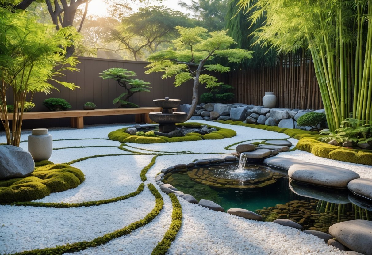 Classic raked gravel bed with anchor stones in a backyard zen garden