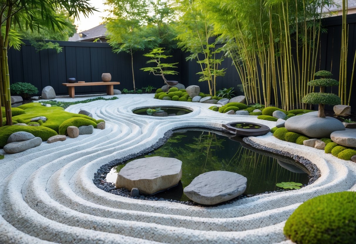 Bamboo water spout and stone basin tsukubai in a backyard zen garden