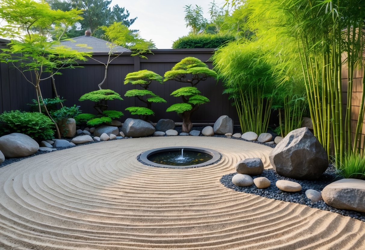 Moss and stone ground cover along a fence in a zen backyard garden