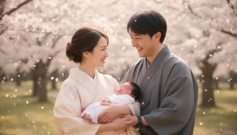 Japanese family celebrating a newborn with names starting with F