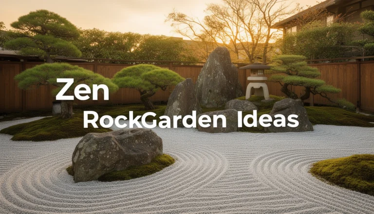 Zen rock garden ideas with raked gravel, granite boulders, and stone lantern in a peaceful backyard