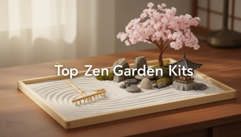 Top zen garden kits displayed on a wooden desk with sand, rake, stones and pagoda