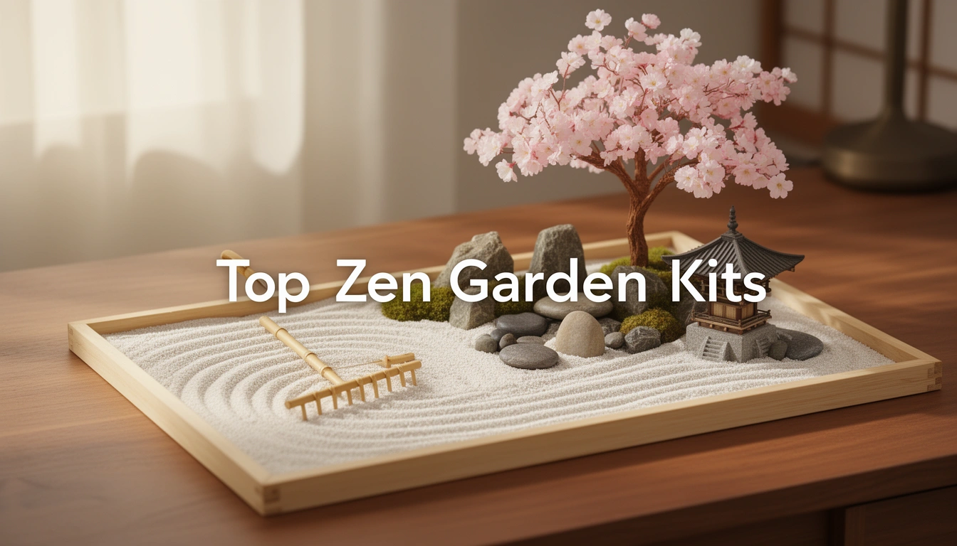 Top zen garden kits displayed on a wooden desk with sand, rake, stones and pagoda