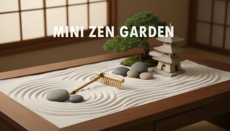 Mini zen garden with white sand, smooth river stones and bamboo rake on a wooden tray