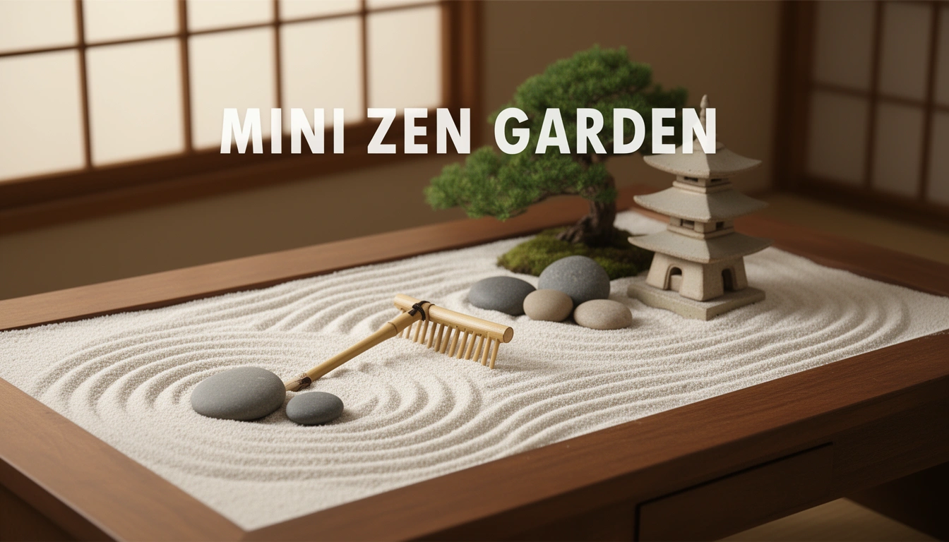 Mini zen garden with white sand, smooth river stones and bamboo rake on a wooden tray