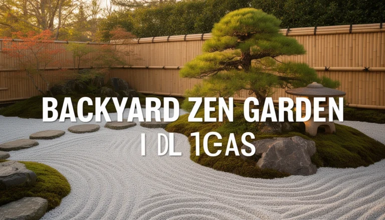 Backyard zen garden ideas with raked gravel, stepping stones, bamboo fence and stone lantern